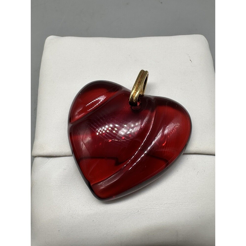 Baccarat France Puffy Wave Red Crystal Heart Pendant Gold Plated Bail READ